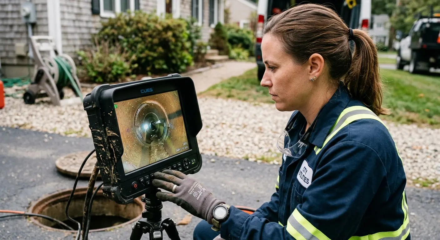 Technician reviewing sewer camera inspection footage in Miles City