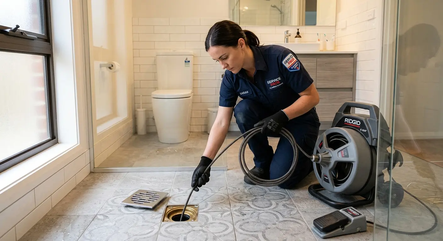 Technician clearing a bathroom floor drain for Sewer Line Replacement in Miles City